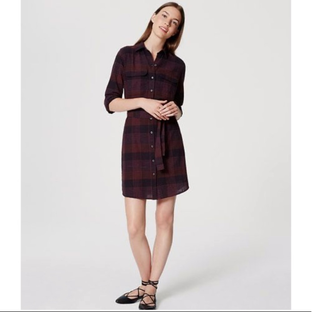 NWT LOFT Plaid Shirtdress Purple & Black Size XXSmall Petite